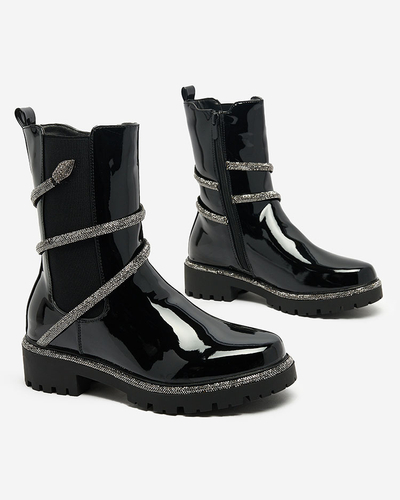 Royalfashion Cizme negre lăcuite pentru femei cu ornament la modă Frosty Glam