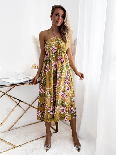 Rochie midi galbenă pentru femei cu model floral - Îmbrăcăminte