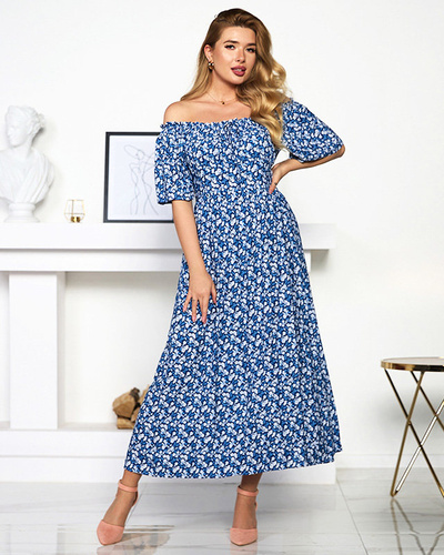 Rochie maxi albastru și alb cu model floral - Îmbrăcăminte