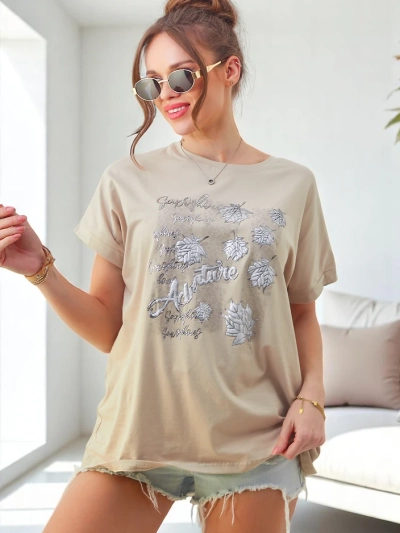 Tricou din bumbac pentru femei Royalfashion cu imprimeu cu frunze