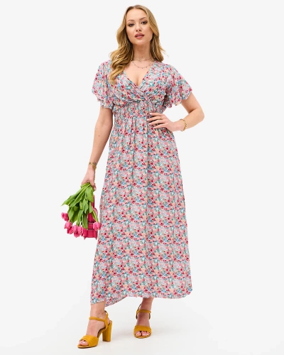 Rochie midi de damă bej floral cu decolteu plic - Îmbrăcăminte