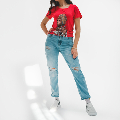 Tricou de dama rosu cu imprimeu colorat si paiete - Imbracaminte