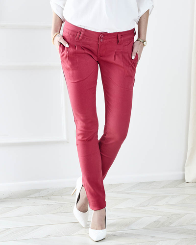 Pantaloni de damă din pânză cu talie joasă fucsia - Îmbrăcăminte