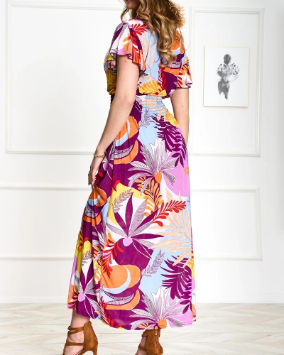 Rochie lungă pentru femei mov cu imprimeu floral - Îmbrăcăminte