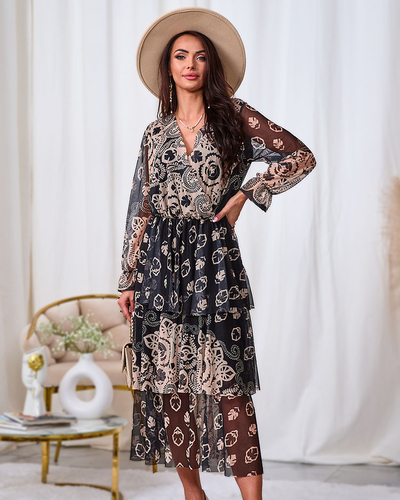 Royalfashion Rochie midi din plasă neagră și bej cu imprimeu