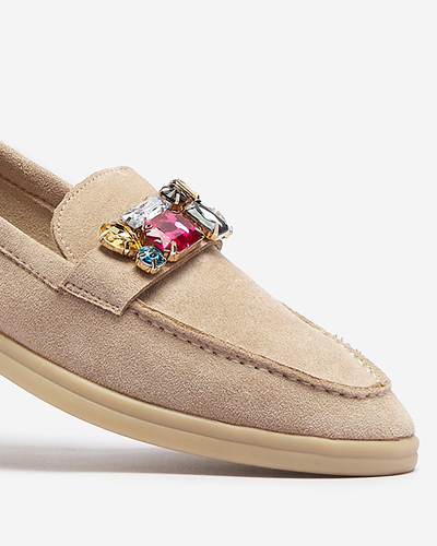 Mocasini pentru femei din piele de căprioară ecologică maro deschis cu cristale decorative Nellens- Footwear