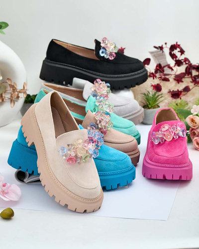 Mocasini de damă gri deschis cu mărgele colorate Hetika - Încălțăminte