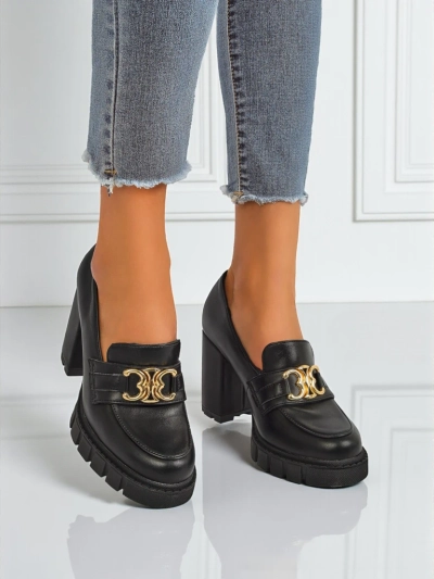 Zapatos de salón de mujer Nero Aurora con tacón de bloque y hebilla dorada, piel ecológica