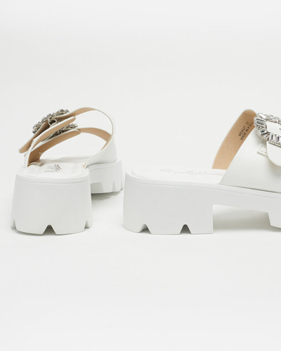 OUTLET Papuci albi de dama cu ornamente de zircon Sadoh- Incaltaminte