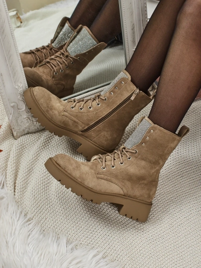 Botine de damă Ferlyne din piele ecologică de căprioară cu șireturi