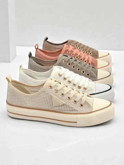 Aurelia Beige - tenîsên qumaşê yên jinan ên bi tabana daîre 3 cm