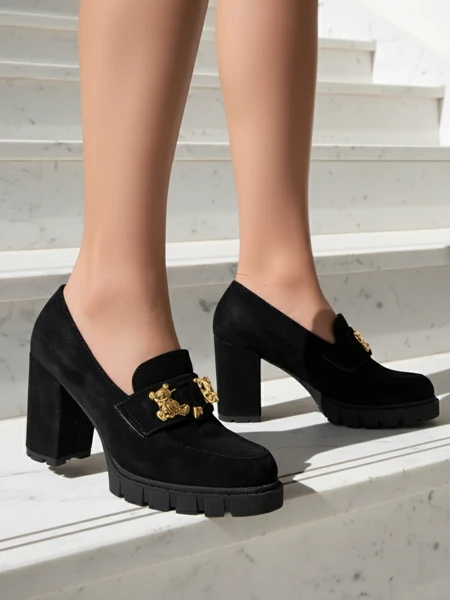 Pantofi Spectaculoși Negri cu Toc Gros din Piele Întoarsă, Eleganți și la Modă