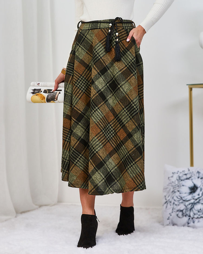 Royalfashion Fustă midi de damă în carouri maro deschis și verde