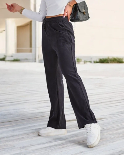 Royalfashion Pantaloni din țesătură de catifea de culoare albastru marin pentru femei