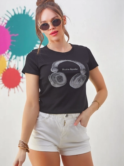 Royalfashion Tricou din bumbac pentru femei cu imprimeu Music Speaking