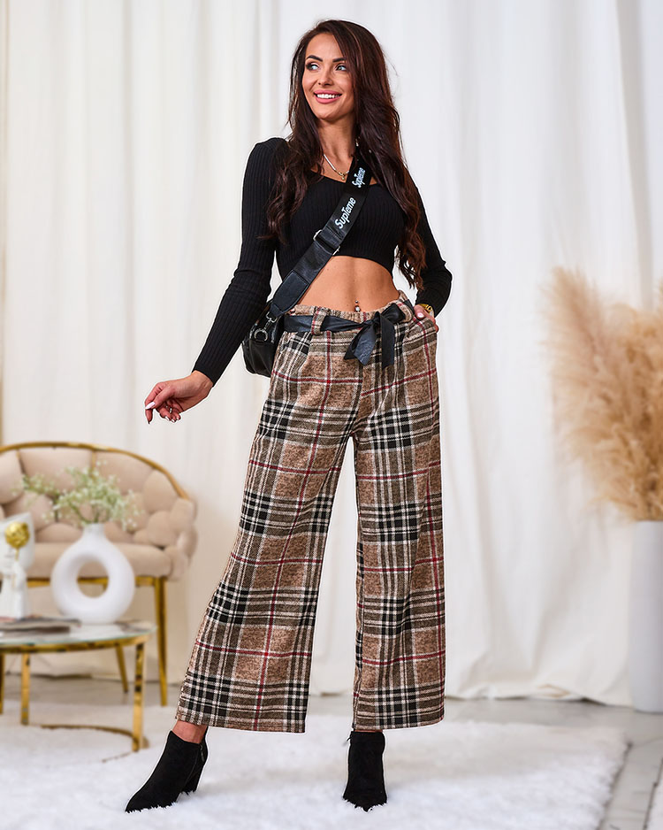 Royalfashion Pantaloni largi pentru femei bej cu carouri