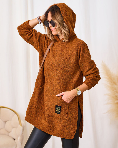 Royalfashion Camel Pulover lung pentru femei cu glugă