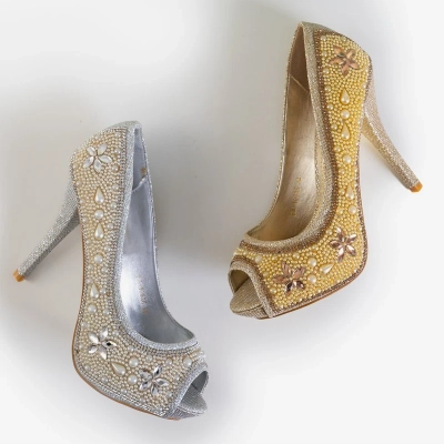 OUTLET Pompă argintie din brocart pentru femei, cu zirconi și perle Gitana - pantofi
