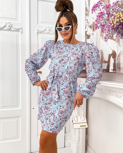 Rochie mini floral pentru femei cu mâneci bufante și curea