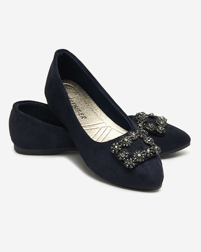 Balerini de dama din piele intoarsa ecologica albastru bleumarin cu ornament Linselisa - Pantofi