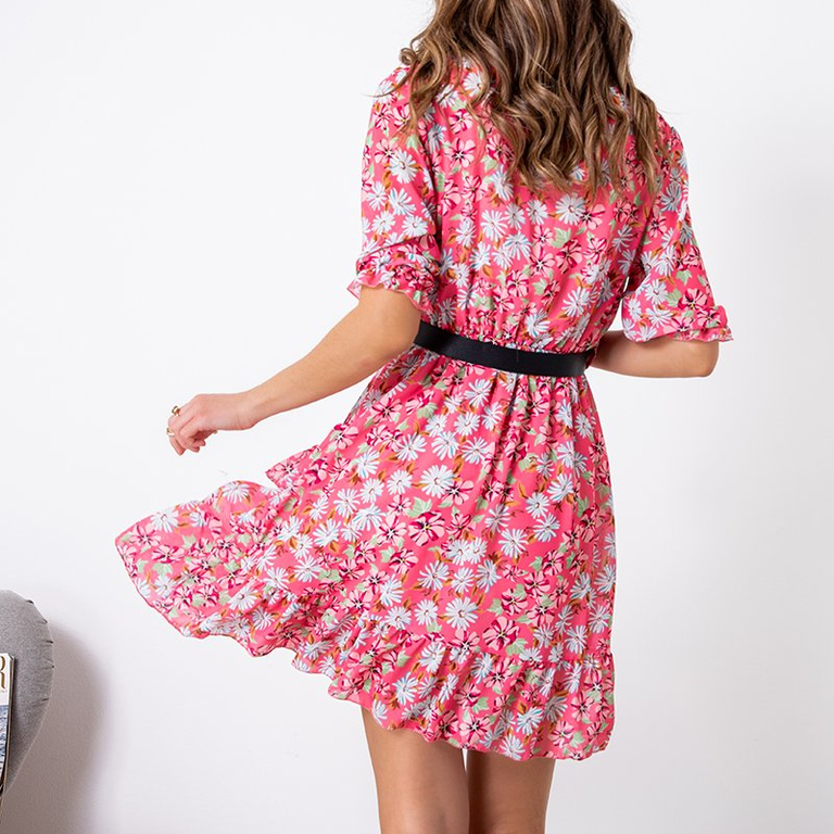 Mini rochie pentru femei roz închis cu flori - Îmbrăcăminte