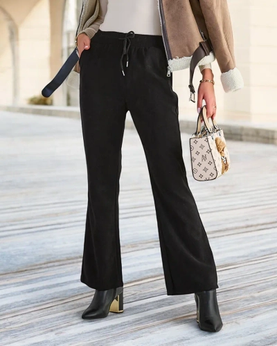 Royalfashion Pantaloni negri din țesătură de catifea pentru femei