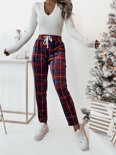 Royalfashion Pantaloni de damă din catifea în carouri, de culoare roșie