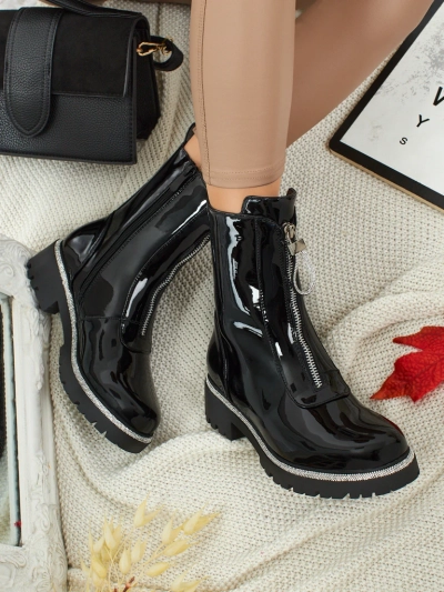 Botine de damă din piele ecologică lăcuită cu zirconiu Nuvina