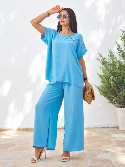 Set Royalfashion pentru femei cu mâneci scurte, floare decorativă și pantaloni largi