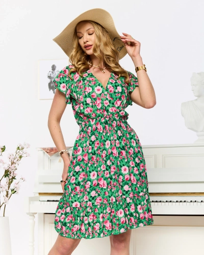 Rochie scurtă verde și roz cu imprimeu pentru femei - Îmbrăcăminte