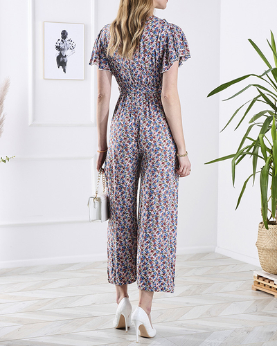 Salopetă lungă pentru femei, albastră, cu flori roz - Îmbrăcăminte