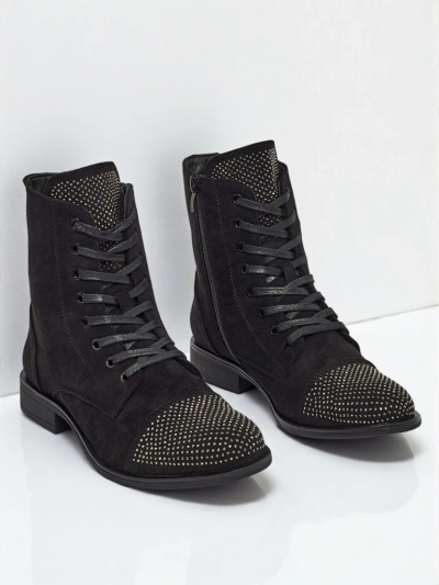 Botine de damă cu șireturi din piele ecologică întoarsă cu zirconiu Marvelli