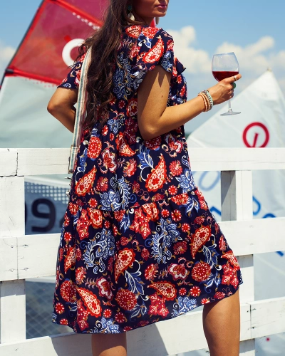 Royalfashion Rochie de damă albastru marin cu model floral colorat