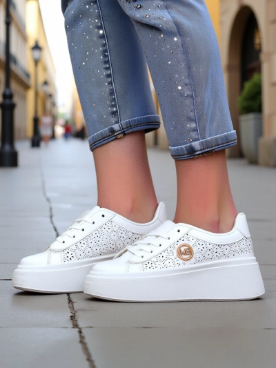 Sneakers damski Aelia Royalfashion pe platformă albi ajour ecru