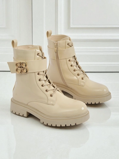 Beige Ariadne ankle boots made of ecological leather with a zipper, round toe stylish