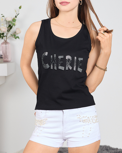 Top de damă negru cu inscripție și zirconiu cubic - Îmbrăcăminte