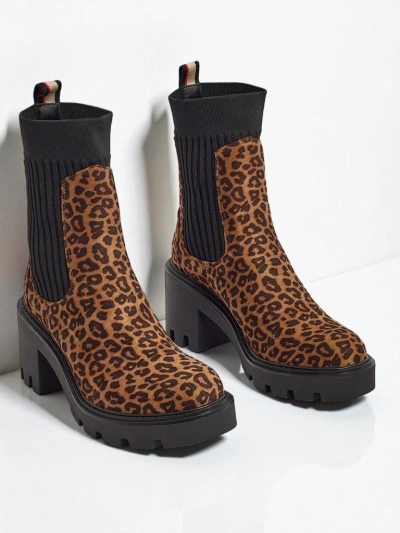 Botine de damă cu toc gros și model, din piele ecologică de căprioară Anthere