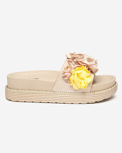 OUTLET Șlapi de damă cu flori din țesătură, bej Kaffga- Footwear