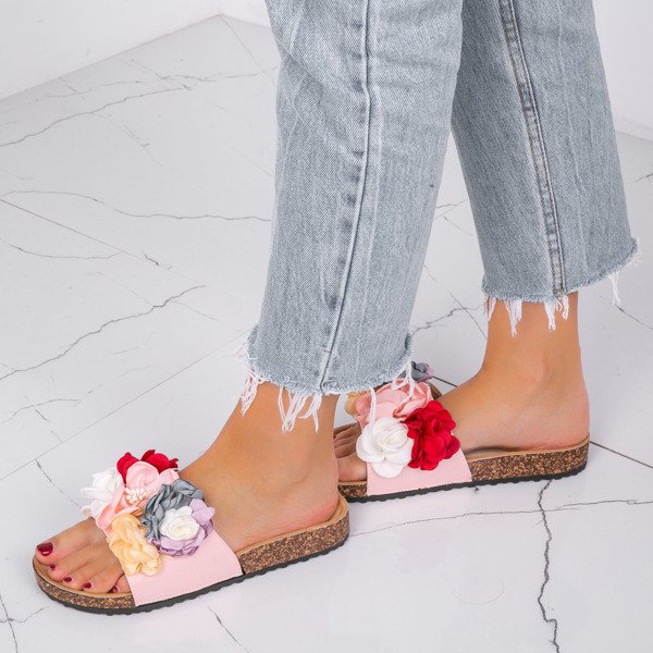 Różowe klapki z ozdobnymi kwiatkami Vilena - Obuwie