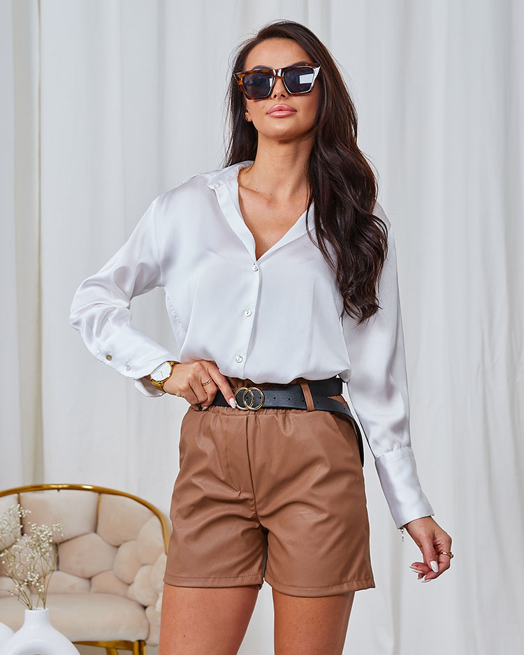 Royalfashion Pantaloni scurți din piele ecologică pentru femei, de culoare camel