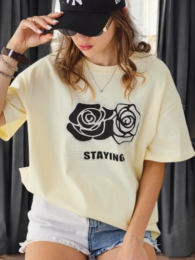 Royalfashion Tricou din bumbac pentru femei cu Floare de Trandafir