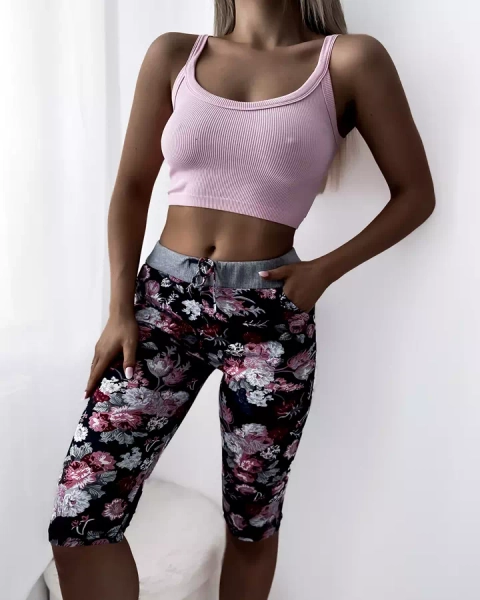 Pantaloni scurți de damă maro 3/4 cu model floral - Îmbrăcăminte