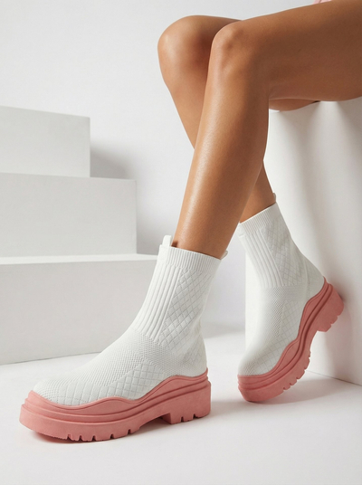 Cizme de damă albe și roz cu toc plat Seritis - Încălțăminte