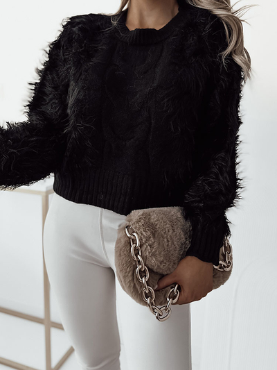 Royalfashion Pulover negru pentru femei cu țesătură scurtă