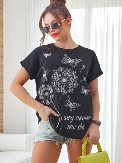Royalfashion Tricou din bumbac pentru femei cu păpădii și o fluture