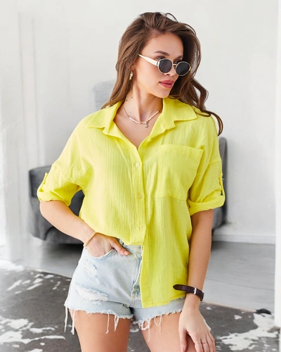 Cămașă din bumbac pentru femei Royalfashion cu embosare și decolteu în V cu mâneci 3/4