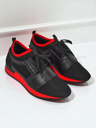 Sneakers de damă Artemida Nero din material textil și piele ecologică cu accent roșu