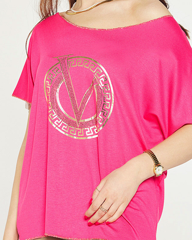 Bluză de damă fucsia cu imprimeu și zirconiu cubic - Îmbrăcăminte