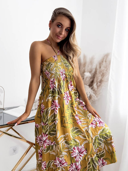 Rochie midi galbenă pentru femei cu model floral - Îmbrăcăminte