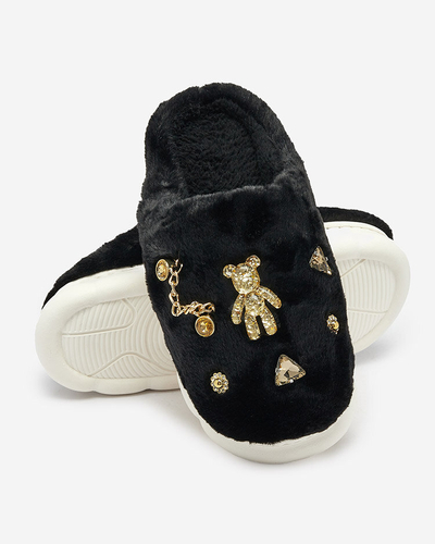 Royalfashion Papuci de blană negri pentru femei cu ornamente Erserra